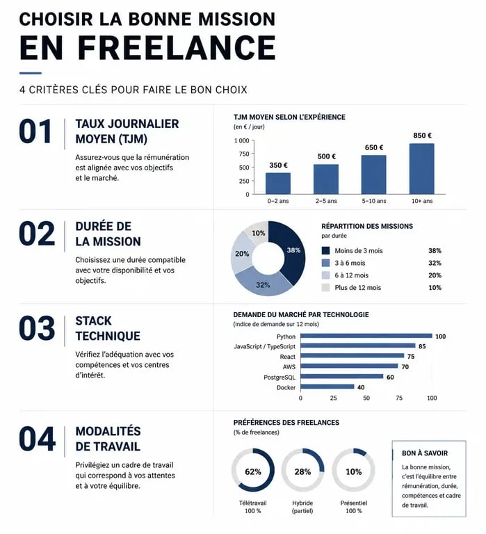 Infographie des critères de choix pour un emploi pour indépendant : TJM, durée, stack technique et modalités de travail.