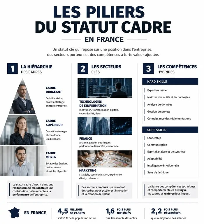 Infographie récapitulative sur le métier cadre en France : hiérarchie, secteurs et compétences clés.
