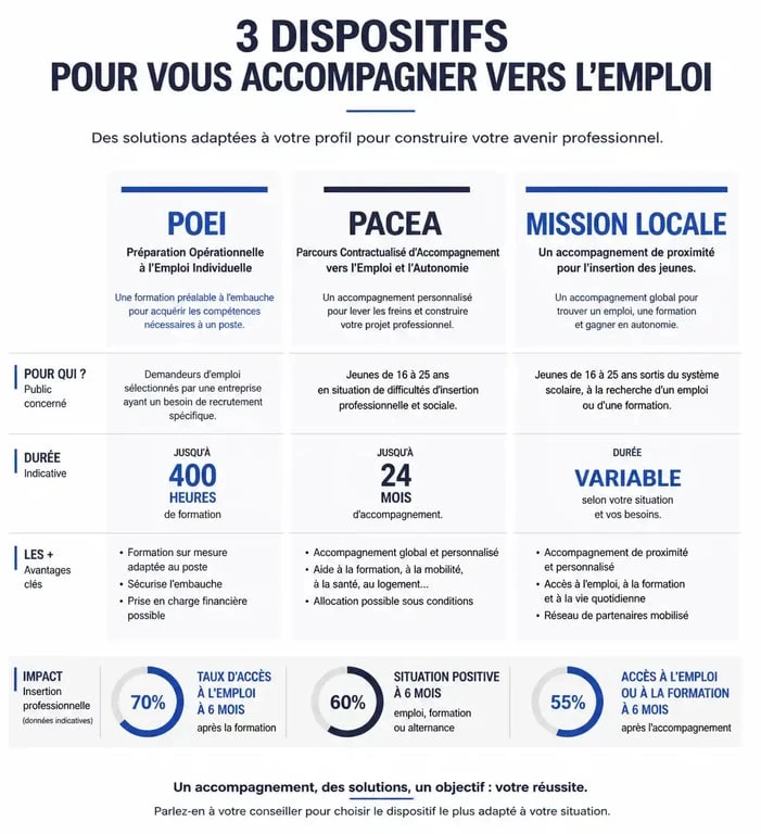 Infographie des dispositifs d'accompagnement pour travailler sans diplôme : POEI, PACEA et Mission Locale