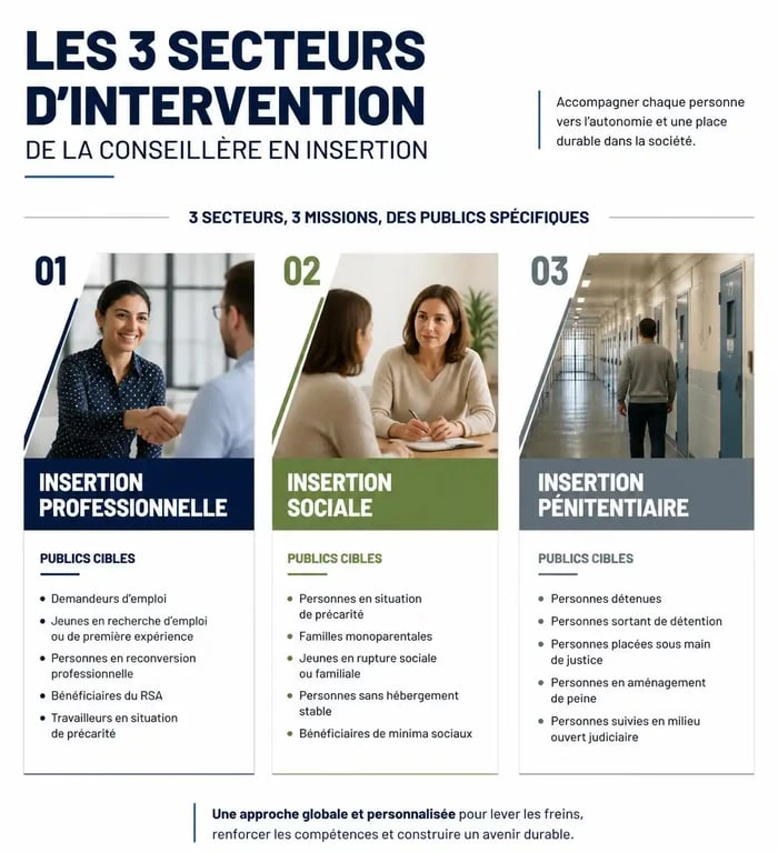 Infographie des secteurs d'intervention d'une conseillère en insertion professionnelle