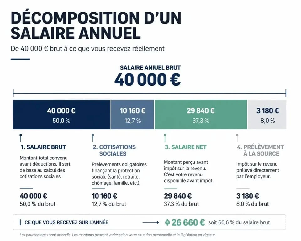 Infographie explicative du calcul de 40k annuel brut en net : répartition entre cotisations sociales, salaire net et impôts.