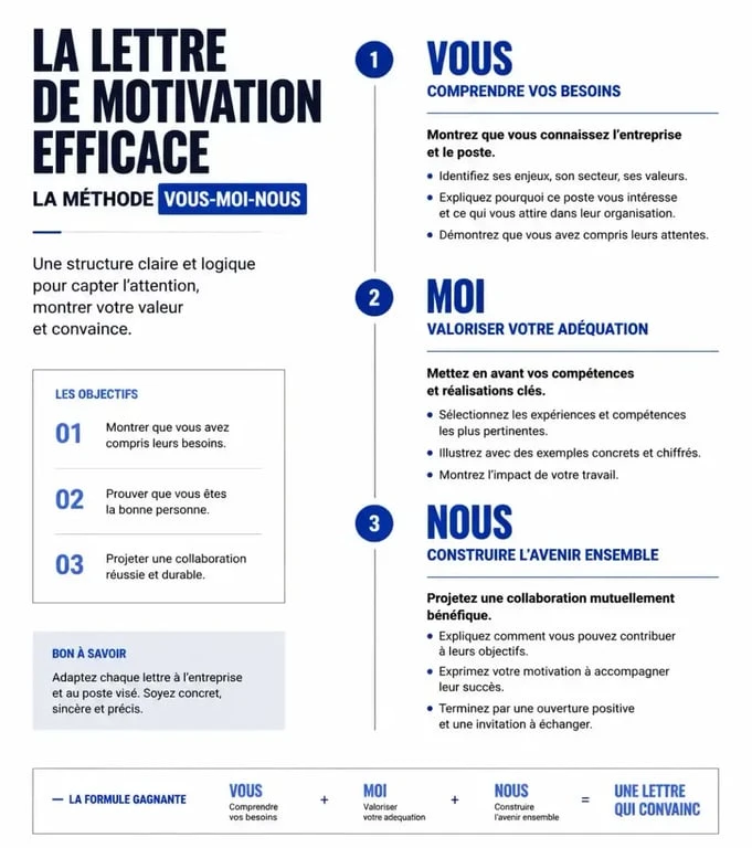 Infographie illustrant la structure d'une lettre de motivation efficace pour une candidature réussie.