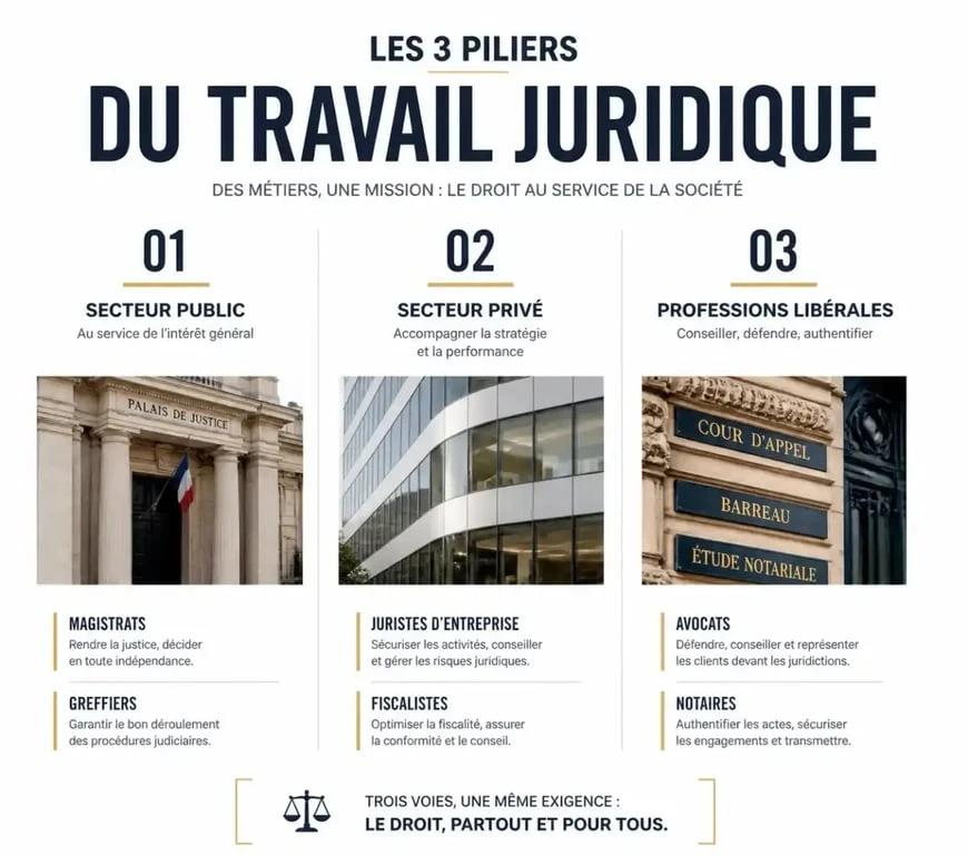 Infographie des trois piliers du travail juridique : public, privé et libéral
