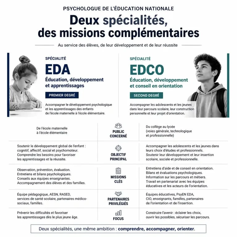 Infographie présentant les deux spécialités du psychologue scolaire : EDA et EDCO