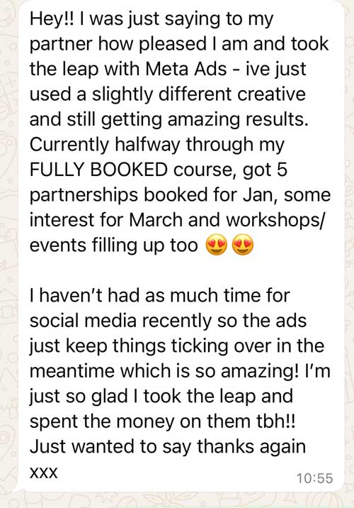 Full booked WhatsApp message from happy client