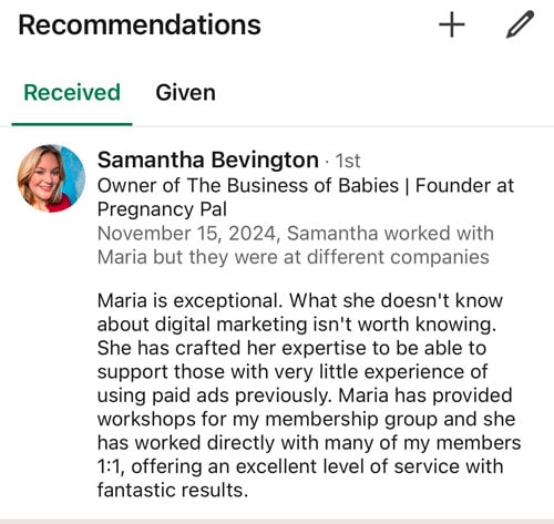 LinkedIn review commenting on Maria's excellent knowledge
