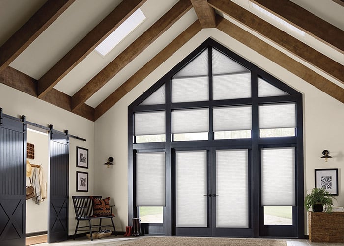 White window blinds on black framed large glass doors in modern living space, natural light, energy-efficient window treatments, custom blinds, advance blinds & drapery.