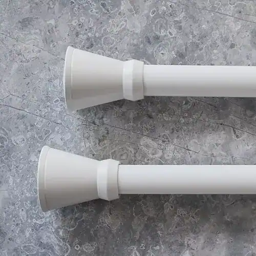 White curtain rod finials for window treatments, suitable for drapery and blinds, enhancing home decor and functionality. Perfect for custom window coverings from Advance Blinds & Drapery.