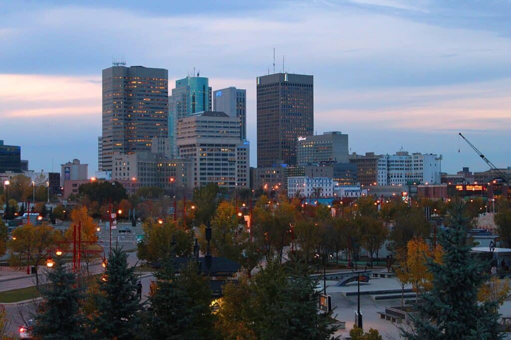 Skyline of downtown city with office buildings and park, urban landscape with skyscrapers, evening cityscape, modern architecture, city lights, and trees in foreground.