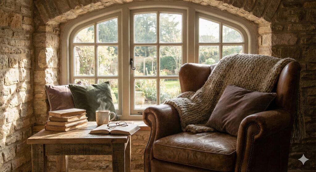 Soft natural sunlight filters through elegant window blinds in a cozy living space with exposed brick walls, creating a warm, inviting ambiance for relaxation and home decor.