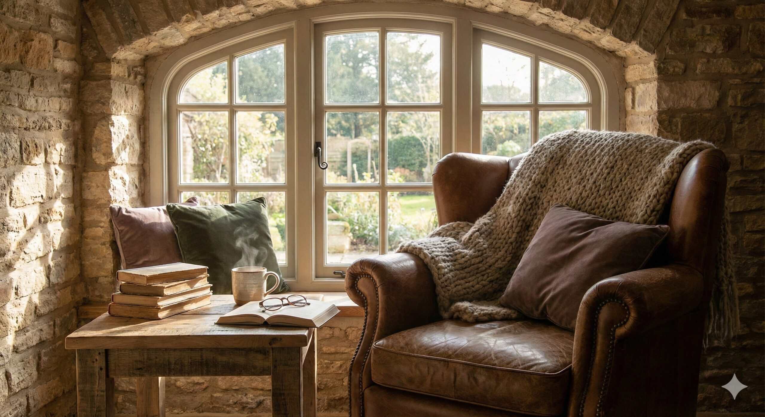 Soft natural sunlight filters through elegant window blinds in a cozy living space with exposed brick walls, creating a warm, inviting ambiance for relaxation and home decor.