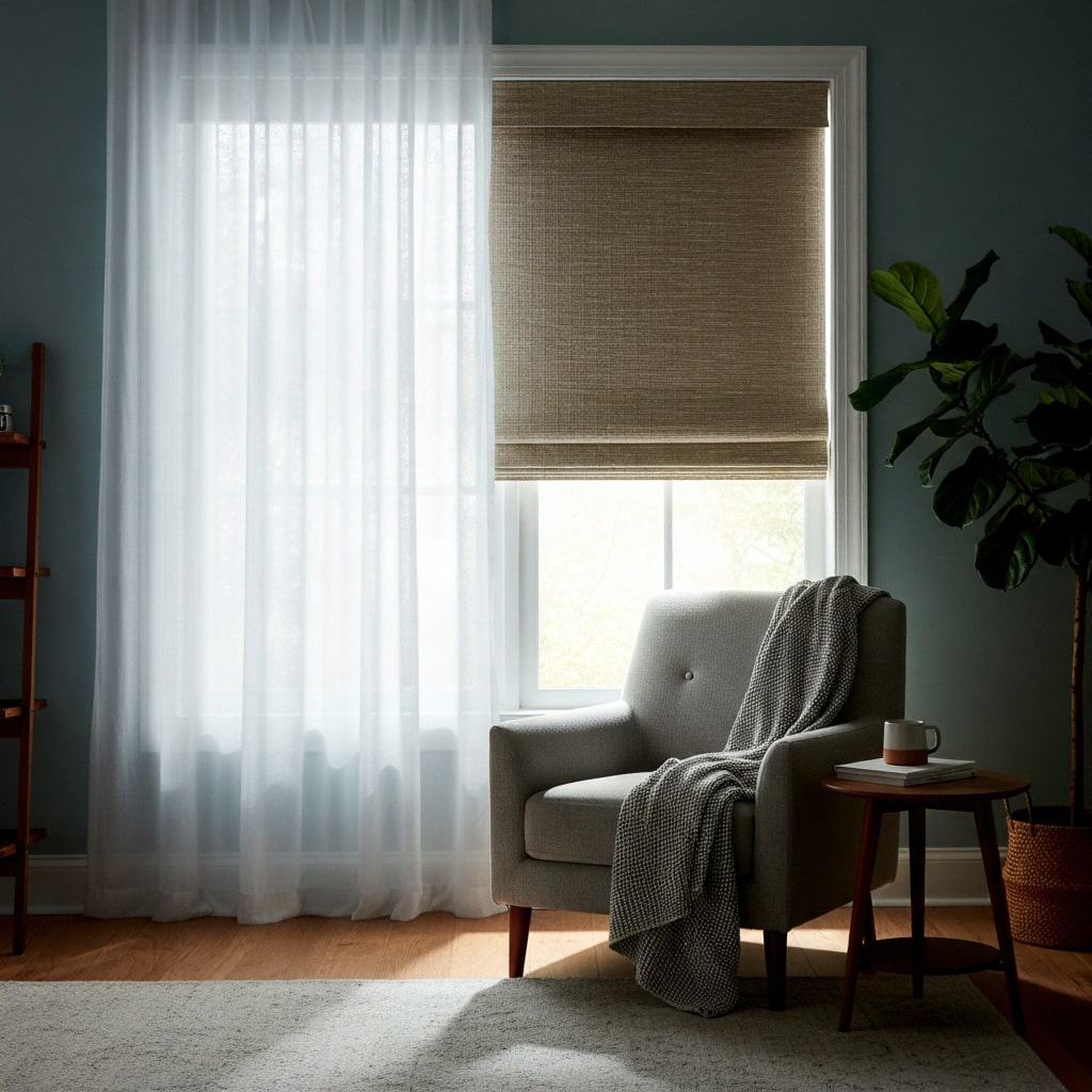 Soft natural light filters through sheer white curtains and a beige roman blind in a cozy living room corner with a comfortable armchair, houseplant, and side table.