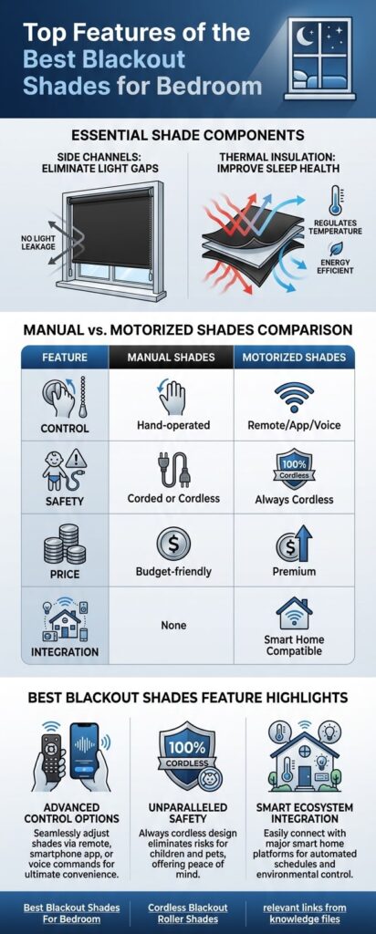 1. Blackout shades for bedroom, energy-efficient blackout window coverings with remote control, smart home integration, and cordless safety features for improved sleep.