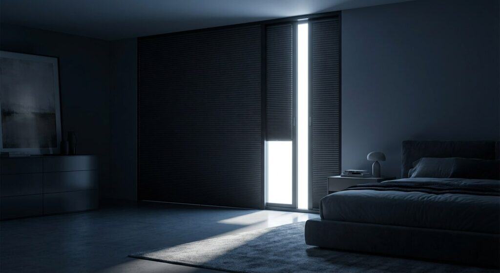 A dark modern bedroom with minimalistic decor and a sliding door with blinds, lit by natural light, featuring a bed, nightstand, and contemporary artwork on the wall.