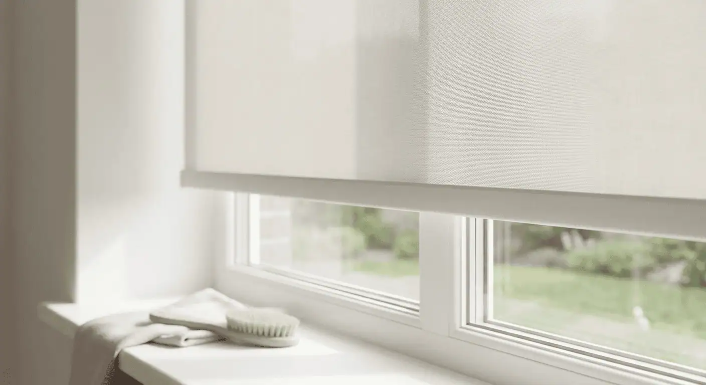 Up of a modern window with a light-colored roller blind partially lowered, allowing natural light to fill the room. The window sill has a soft towel and a brush, creating a clean and inviting atmosphe.