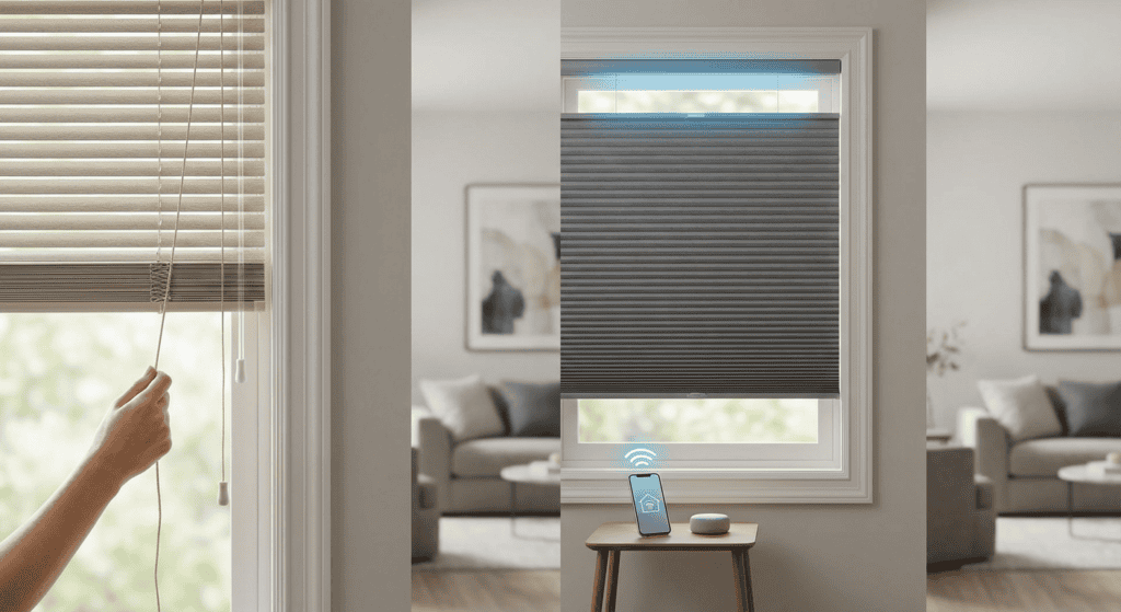 Automated window blinds with remote control for adjustable light and privacy in modern home interiors.