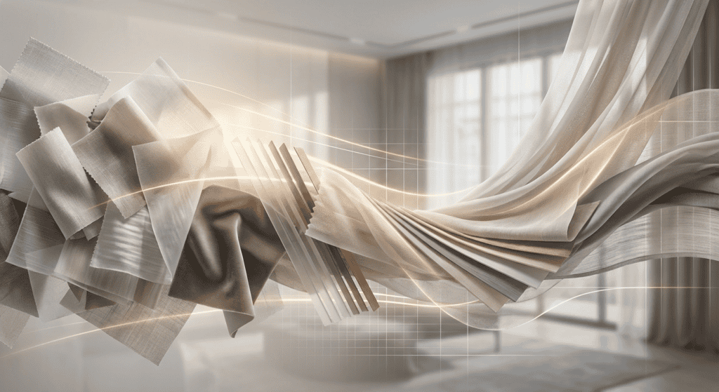 Close-up of layered curtain fabrics with sunlight, showcasing texture and material quality in a bright, modern living room setting.