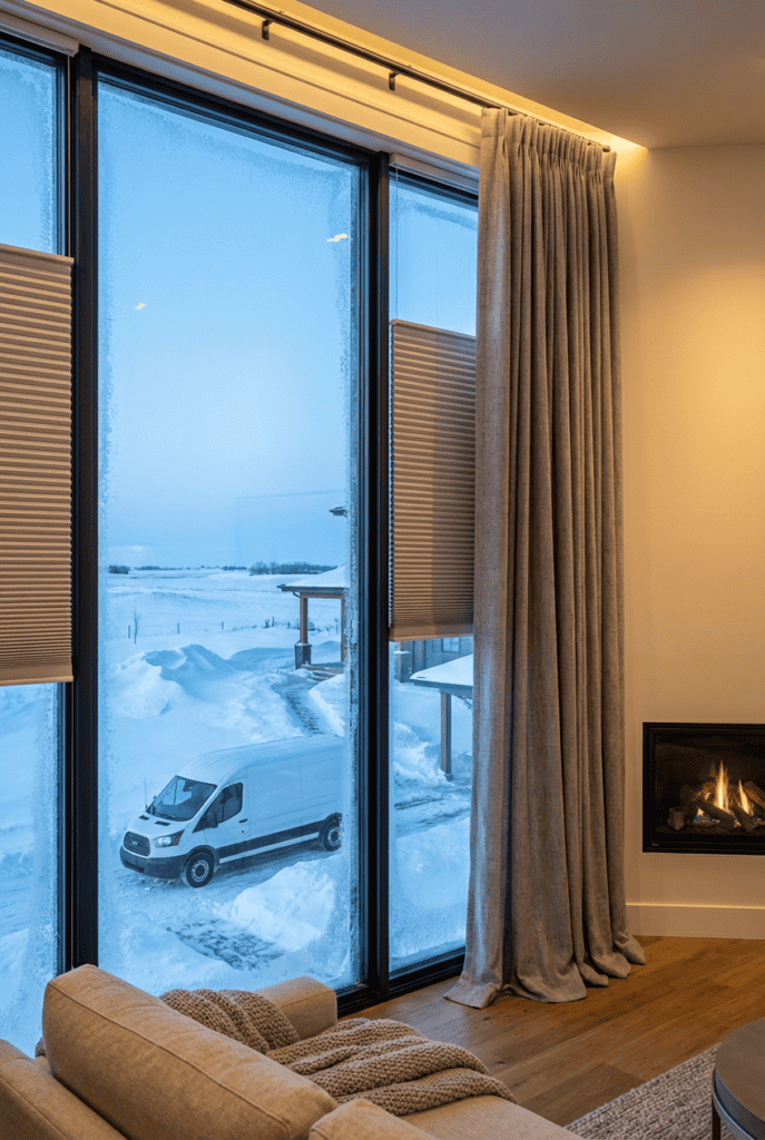 Snowy winter view through floor-to-ceiling windows with beige curtains, a cozy living room with a fireplace, snow-covered landscape, white van outside, warm indoor lighting, modern home interior, winter scenery, scenic outdoor view, cold weather, comfortable living space.