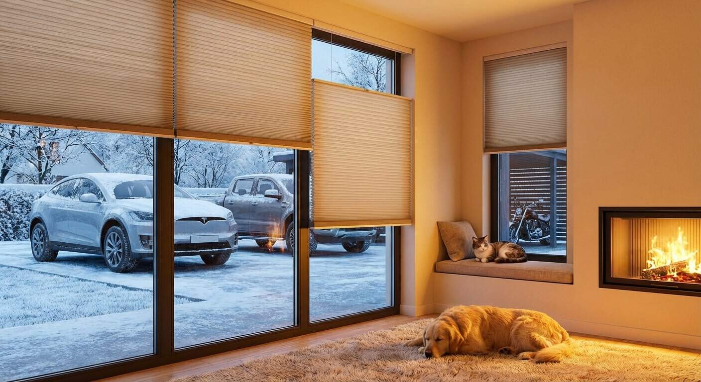 1. Inside cozy living room with fireplace during winter, dogs sleeping, cat sitting on window seat, snow outside, cars parked on snowy driveway.
