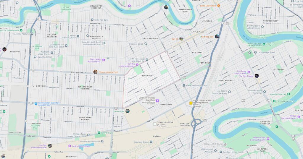 Detailed city street map with roads, parks, and landmarks.