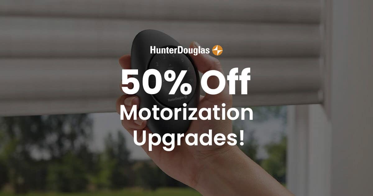 A hand holding a remote control device with a Hunter Douglas logo, promoting a 50% discount on motorization upgrades for window treatments, ideal for home automation enthusiasts.