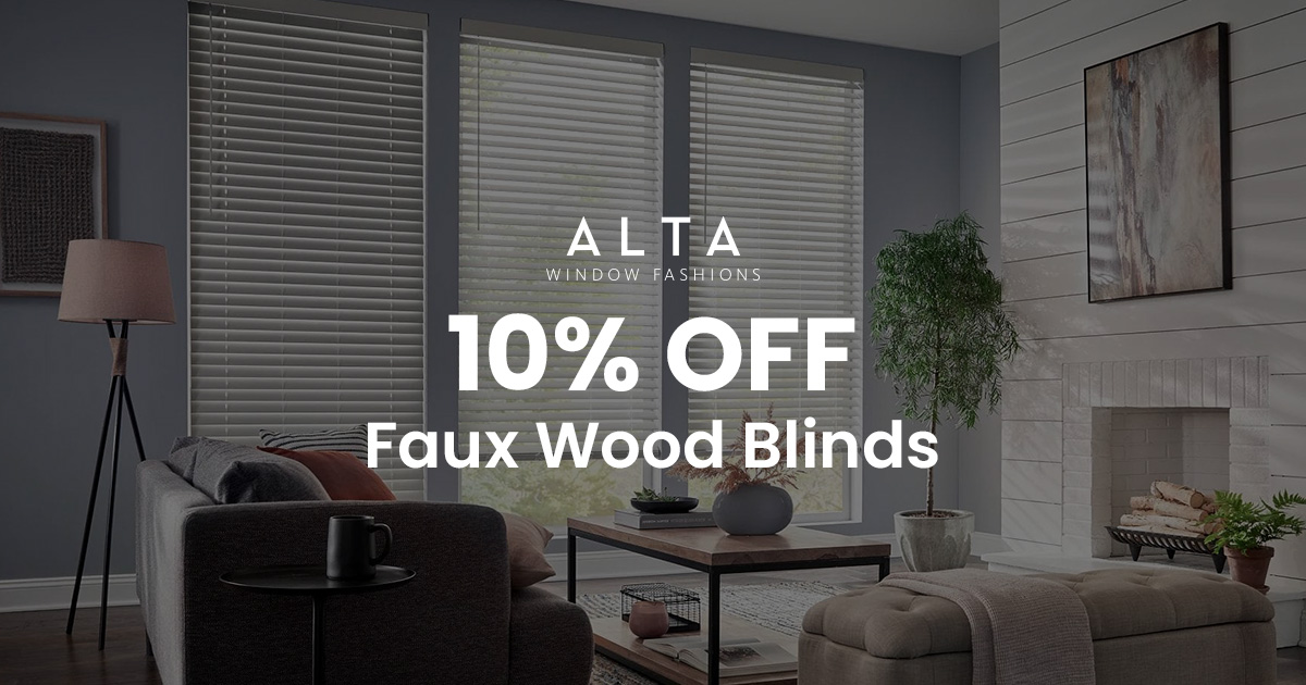 Elegant living room featuring ALTA faux wood blinds, cozy seating, and stylish decor. Perfect for showcasing home window treatments and interior design ideas.