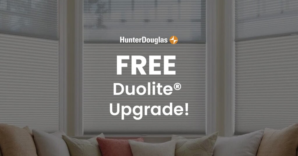 Promotion for free Duolite® upgrade on Duette® honeycomb shades, highlighting enhanced light control and energy efficiency.