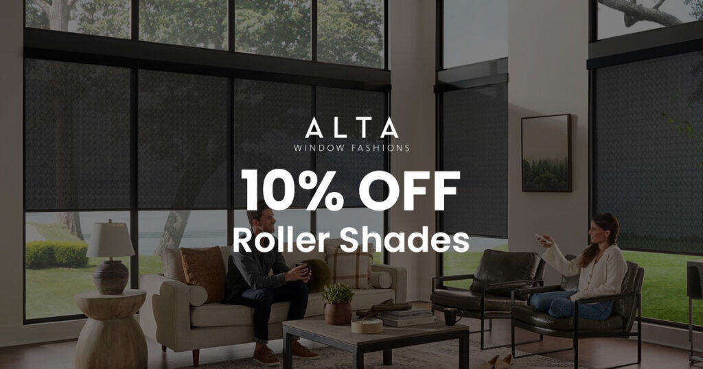 Modern living room with stylish ALTA faux wood blinds offering 10% discount, showcasing elegant window treatments that enhance home decor and provide light control.