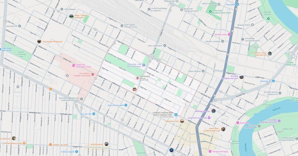 Map of city streets showing bus, tram, and metro lines with station icons and nearby points of interest.