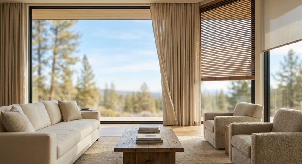 Bright living room with expansive windows overlooking a forested landscape, featuring comfortable beige sofas, armchairs, and a wooden coffee table, creating a warm and inviting atmosphere.