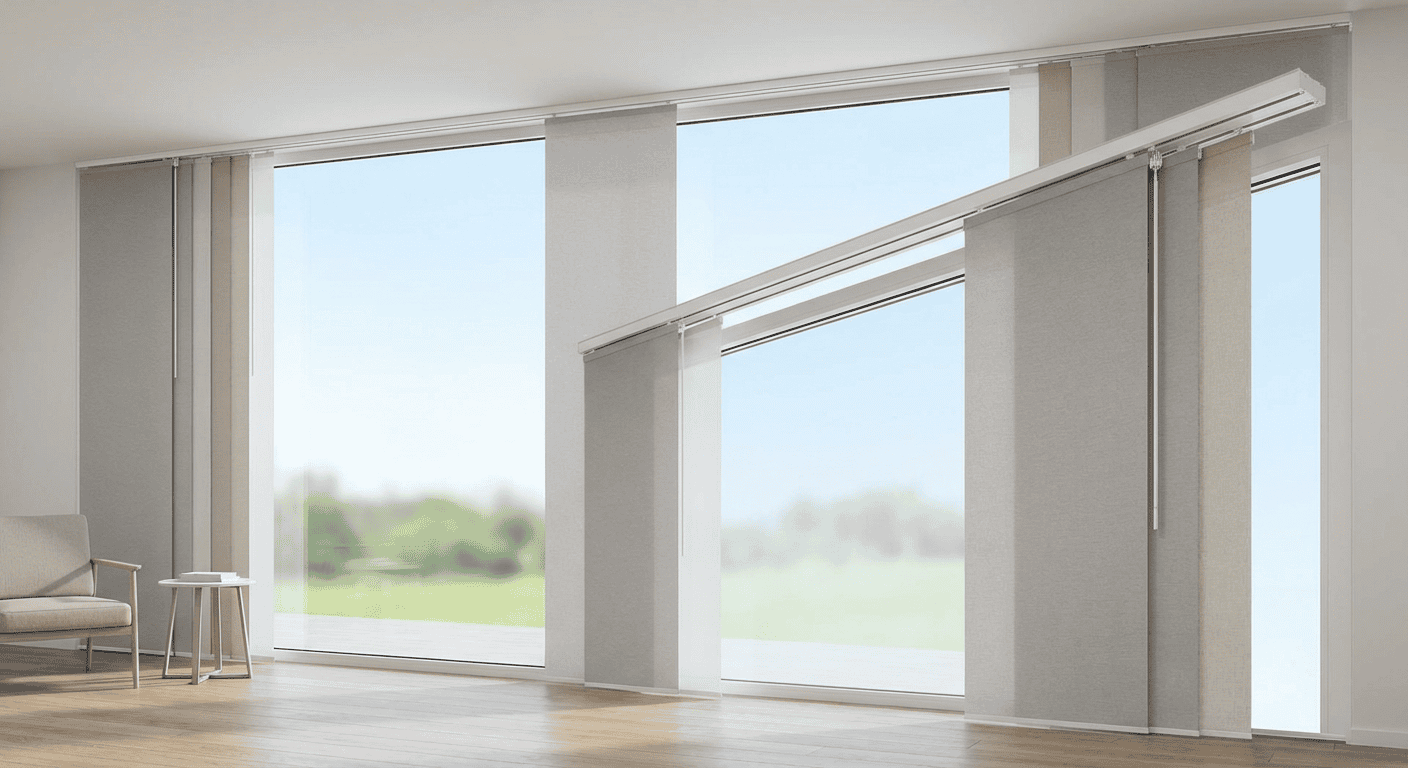 Bright living space with expansive windows and sleek roller blinds, offering natural light and scenic views. Ideal for contemporary home design, emphasizing openness and style.