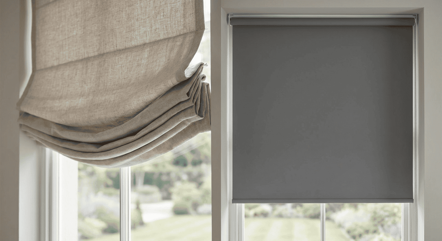 Image of a window with a beige Roman shade partially raised and a gray roller shade fully lowered, showcasing different window treatment styles in a bright room.