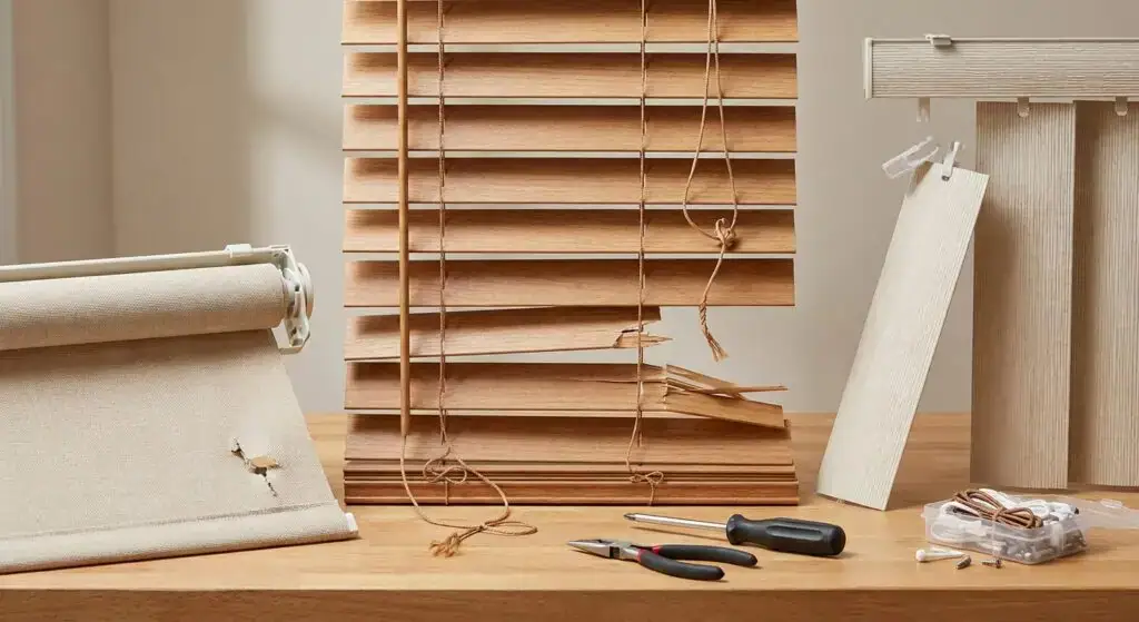 Wooden window blinds, tools, and materials on a workbench for home renovation or DIY project.