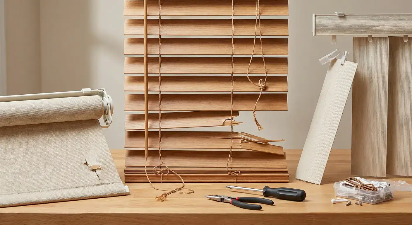 Wooden window blinds, tools, and materials on a workbench for home renovation or DIY project.