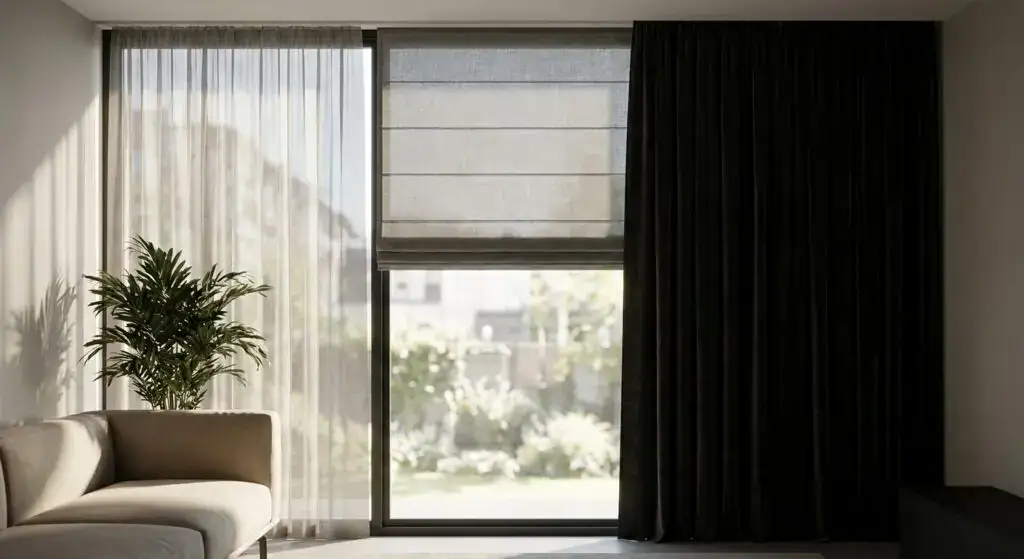 Modern living room with large glass window, sheer curtains, and dark blackout drapes, featuring a beige sofa and a potted plant.