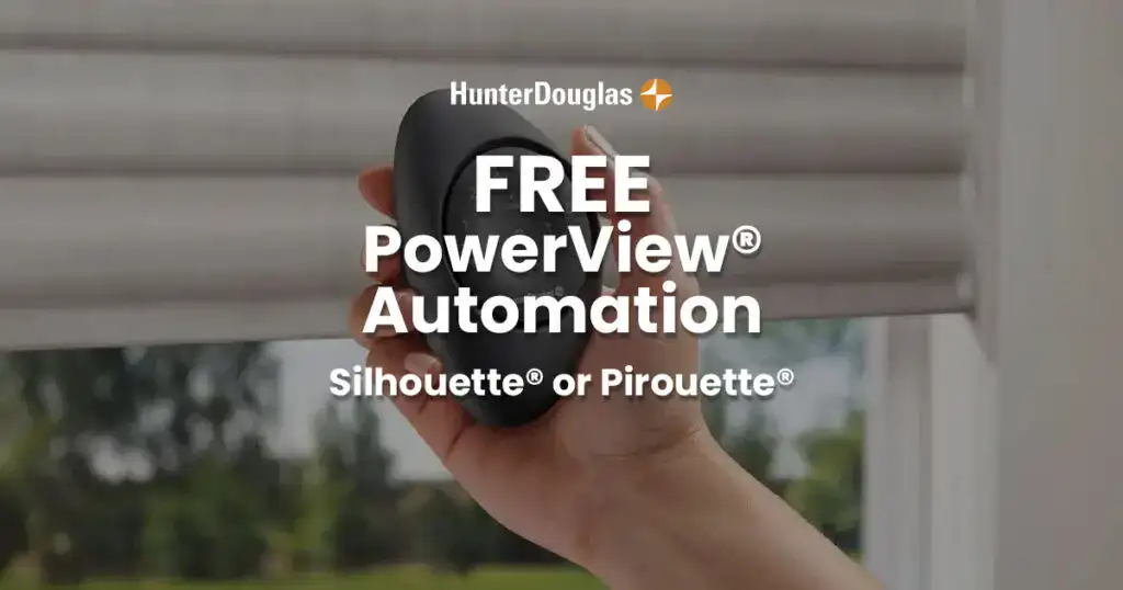 Close-up of a hand holding a remote control in front of window blinds, promoting PowerView automation for Silhouette or Pirouette.
