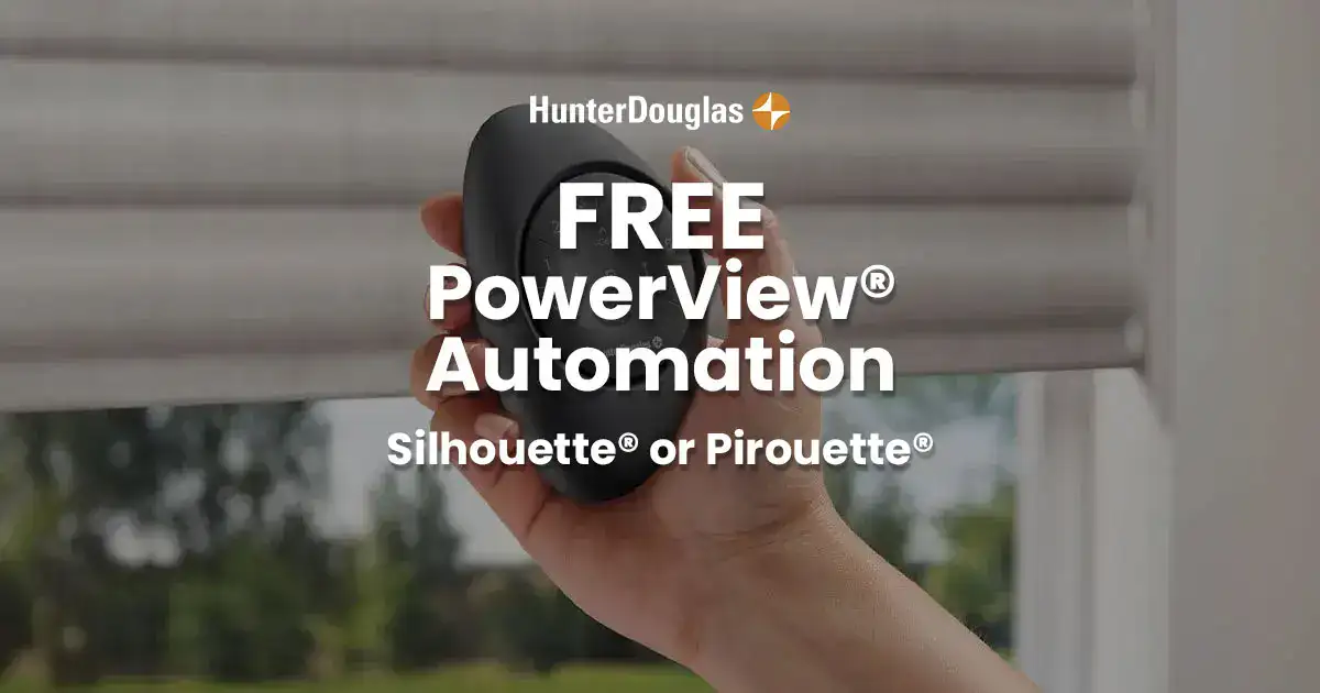 Close-up of a hand holding a remote control in front of window blinds, promoting PowerView automation for Silhouette or Pirouette.