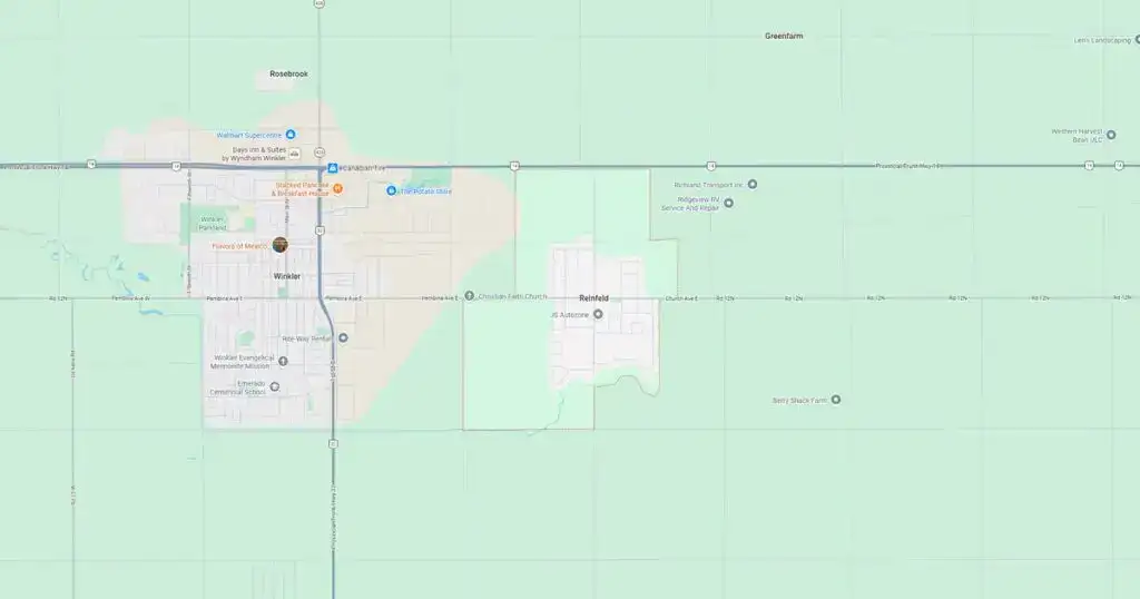 Map of a rural area showing roads, towns, and geographic features with minimal urban development.