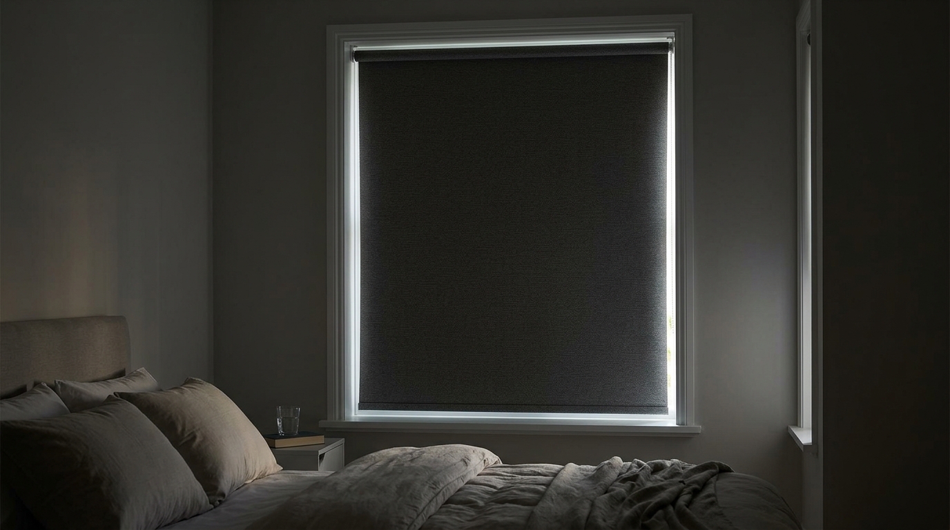 Dark window blind covering a window in a bedroom with minimal decor and soft lighting.