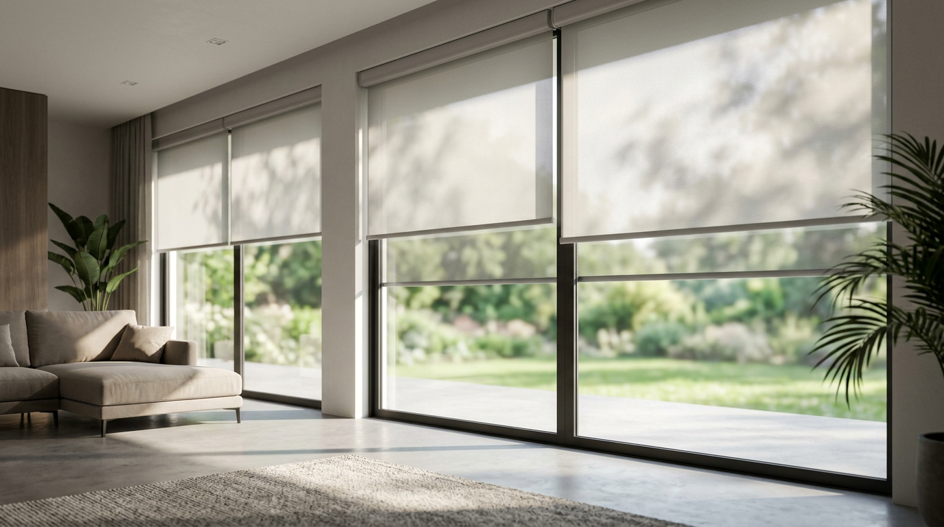 Modern living room with large floor-to-ceiling windows overlooking a lush green garden.
