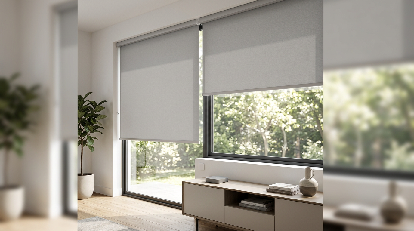 Modern living room with large windows and white roller blinds overlooking a green outdoor space.