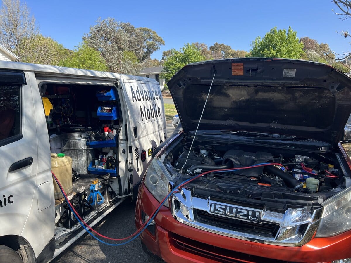Isuzu D-Max air conditioning service completed on-site in Bruce Canberra