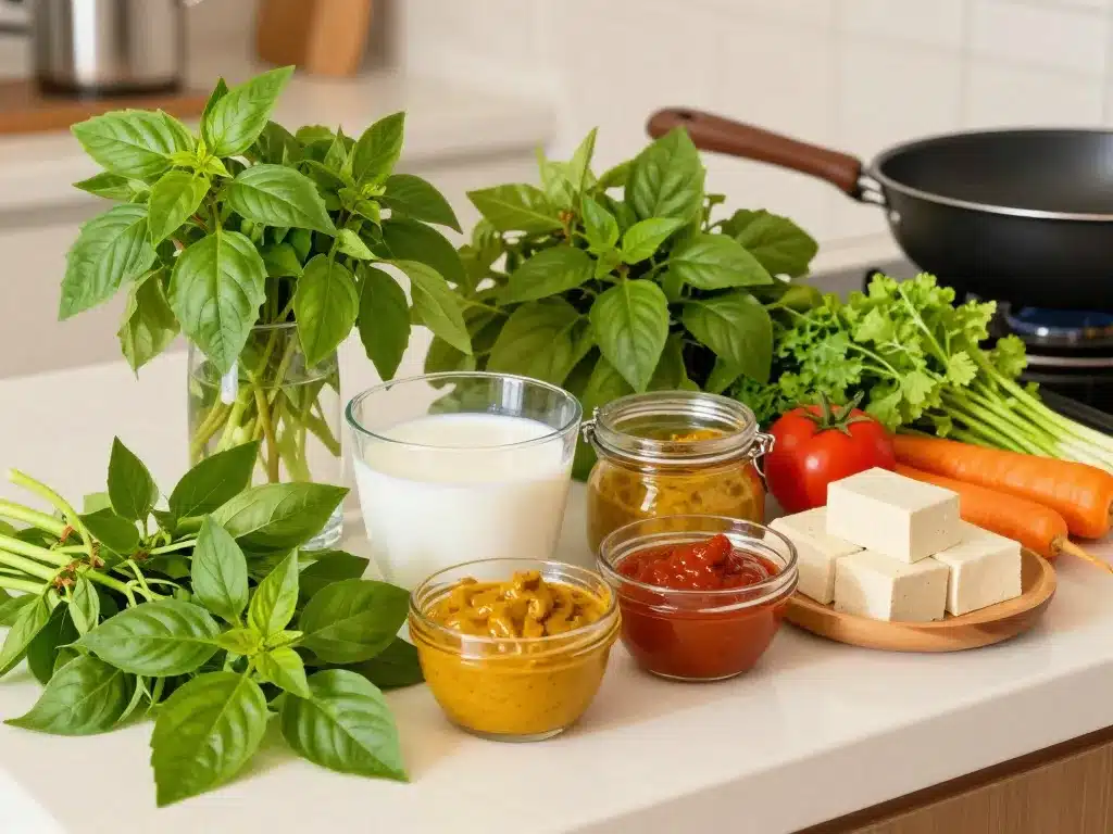 basilic thailandais sur plan de travail cuisine avec ingrédients thaï