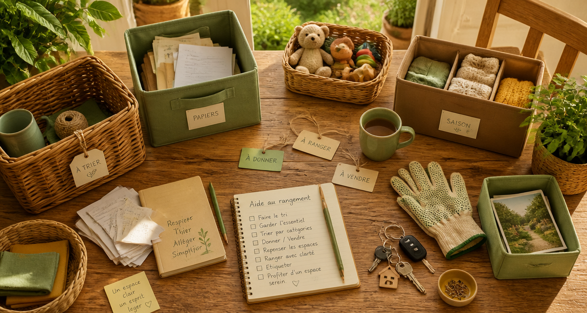 aide rangement maison table paniers boîtes