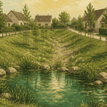 bassin de rétention à ciel ouvert avec talus et maisons