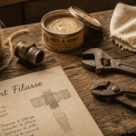 filasse plomberie sur établi avec outils traditionnels