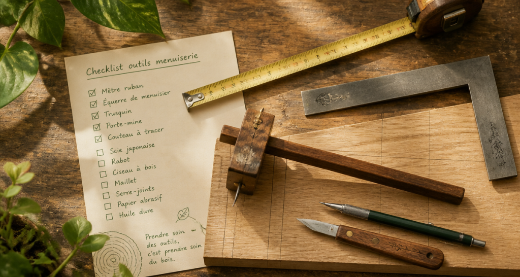 Outils pour menuisier posés sur plan de travail