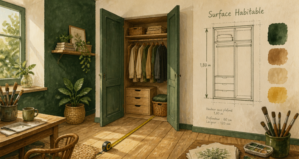 placard surface habitable avec mètre ruban et croquis