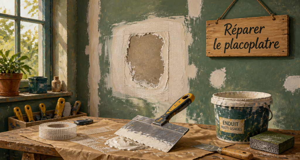 reboucher trou dans placoplatre avec enduit et outils