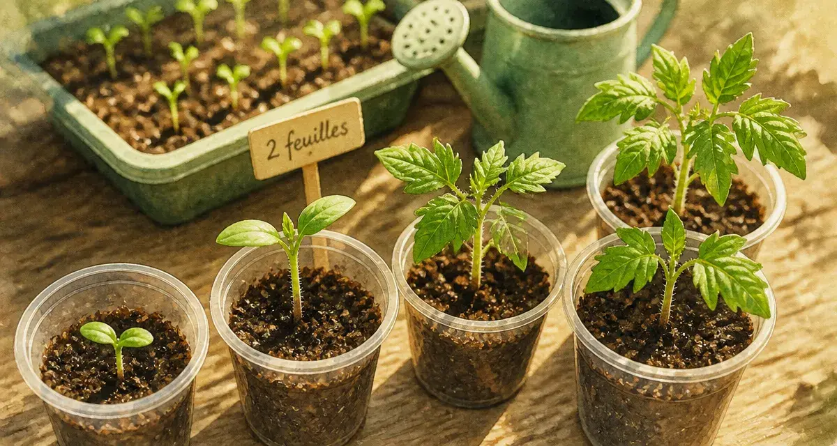 À combien de feuilles repiquer les tomates : jeunes plants au stade 2 et 4 feuilles en godets